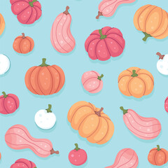Colorful pink, orange and white pumpkins on a light blue background. Seamless repeated surface vector pattern design.