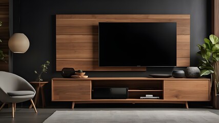 In a modern living area, a wooden wall-mounted television is decorated against a dark wall backdrop.
