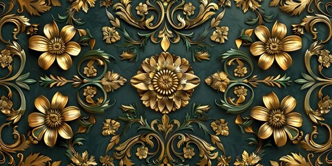 Opulent Baroque Gold and Green Floral Pattern Concept with Detailed Flourishes and Rich Tones