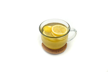 cup of water with honey and lemon slices, isolated white background