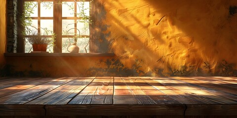 Rustic Wooden Table in Sunlit Room Homely Ambiance with Warm Colors Empty for Product Display or Copy Space