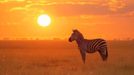 A zebra standing alone on a grassy plain at sunset . Generative Ai