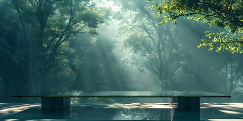 Glass Table with Serene Forest Backdrop for Product Display and Minimalist Concept