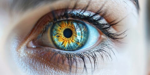 Fototapeta premium Closeup of an eye with a privacy warning overlay, isolated on white background, ideal for cybersecurity alerts, ample space for text, hightech design