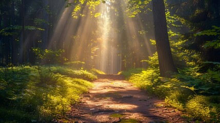 Obraz premium Serene Forest Trail with Sunlight Filtering Through the Lush Greenery Inviting and Harmony with Nature