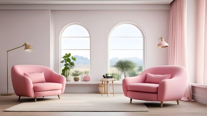 White walls surround the pink armchair in the living room.