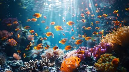 Vibrant Underwater Coral Reef Scene with Tropical Fish School