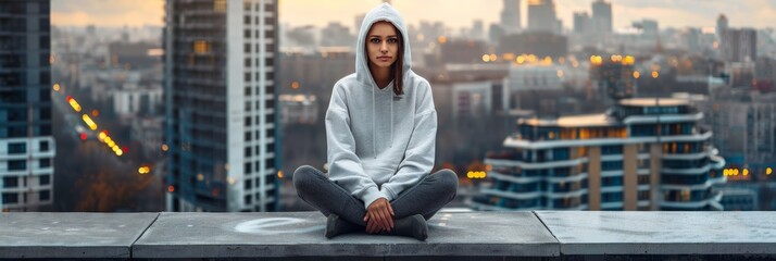 Young model in plain hoodie sitting on concrete ledge in urban area with city skyline in the background