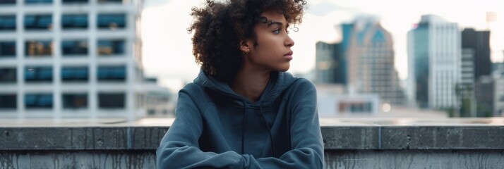 Young model in plain hoodie sits on concrete bench overlooking city - Powered by Adobe