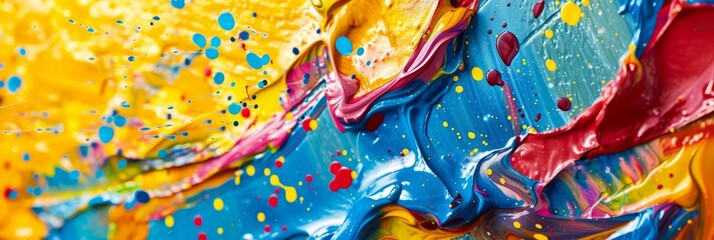 Detailed view of a dynamic and abstract colorful painting with various splattered colors