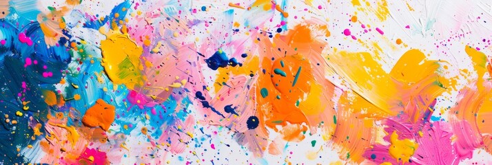 Overhead view of a canvas covered in colorful paint splatters creating a dynamic and abstract pattern