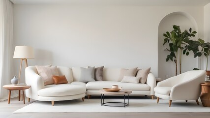 Living room with white plaster walls, sofa, and armchair.