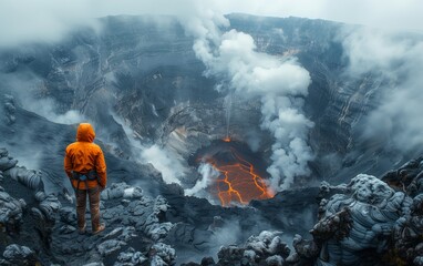 A rugged volcanic landscape with steaming vents and a hiker observing from the edge