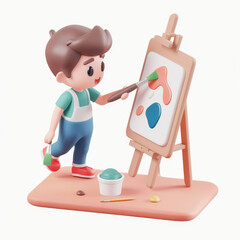 Artist painting on an easel icon in 3D style on a white background