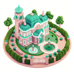 Luxurious mansion with a garden icon in 3D style on a white background