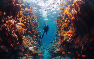 A vibrant coral reef teeming with marine life captured by a scuba diver