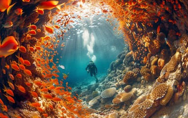 A vibrant coral reef teeming with marine life captured by a scuba diver