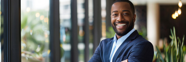 a Black businessman exuding confidence and happiness, his demeanor reflecting alignment with his company's corporate vision of excellence and success.