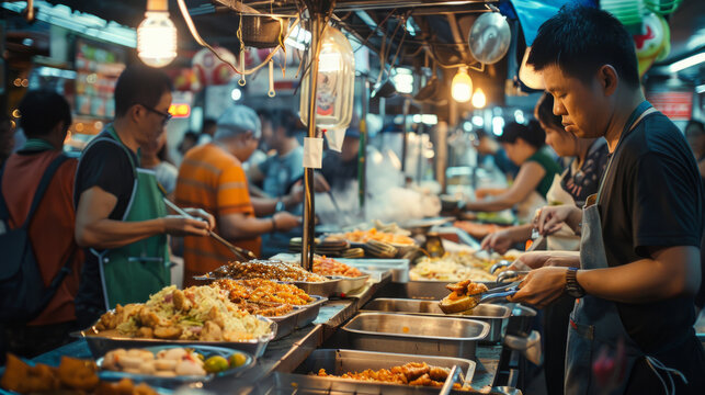 a bustling urban food market with vendors selling international cuisines and customers enjoying the atmosphere