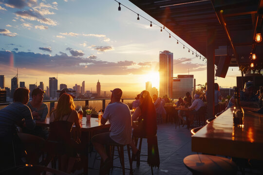 a bustling urban rooftop bar with people enjoying drinks and a stunning cityscape view