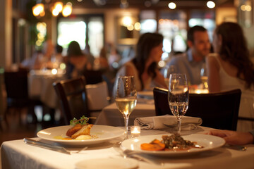 a couple enjoying a gourmet meal at a fine dining restaurant, with elegant table settings and delicious food, highlighting culinary experiences and romance.