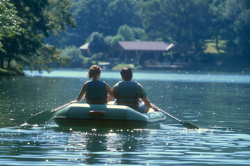 a couple enjoying a paddleboat ride on a tranquil lake, with scenic views and relaxed expressions, promoting leisure activities and romance.