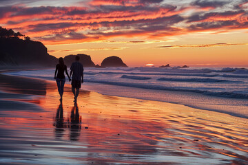 a couple enjoying a romantic sunset walk on the beach, with gentle waves and scenic views, highlighting romance and leisure.