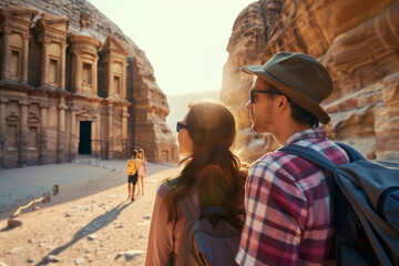 a couple exploring a historic city, with ancient architecture, informative guides, and engaged expressions, highlighting educational travel and adventure.