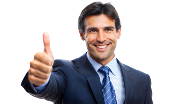 Professional Thumbs Up – Businessman Portrait: A professional businessman giving a thumbs up, isolated on a white background.
