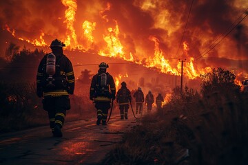 Firefighters combat blaze amid backdrop of forest inferno