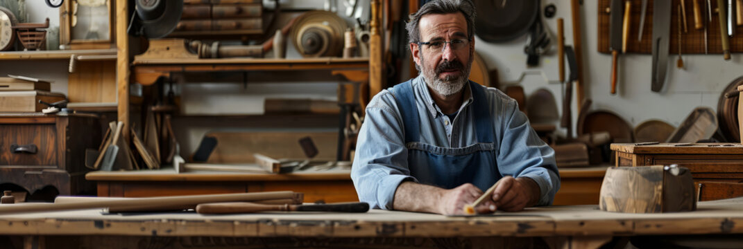 a craftsman restoring antique furniture in a well-equipped workshop