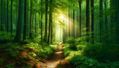 Fototapeta premium Lush Forest Trail: Peaceful Path Through Sunlit Greenery