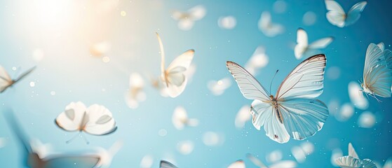 bright butterflies flying in the blue sky with clouds. flying blue butterflies. copy spaces.Generative AI