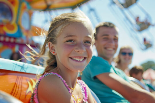 a family enjoying a sunny day at a local fair, with rides, games, and happy faces, highlighting fun outings and family bonding.