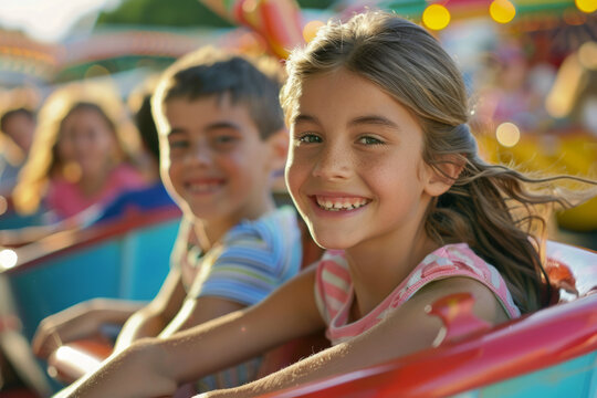 a family enjoying a sunny day at a local fair, with rides, games, and happy faces, highlighting fun outings and family bonding.