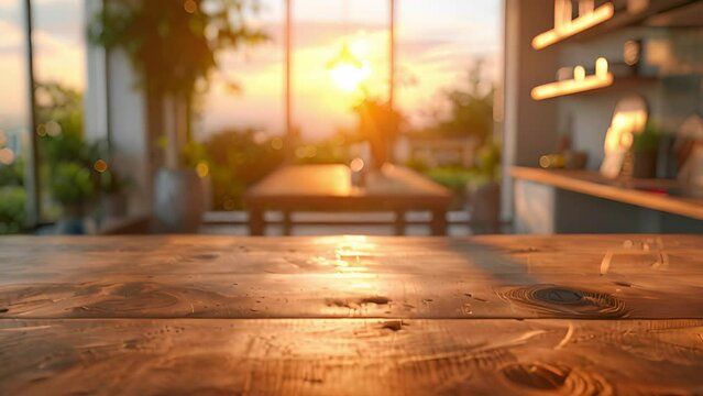 A wooden table situated with a view of the sun setting in the distance.