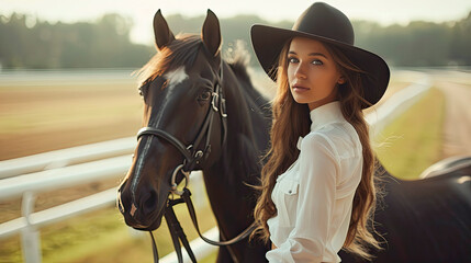 Obraz premium Close-up of a young white woman posing with her brown horse on a farm.Generative AI
