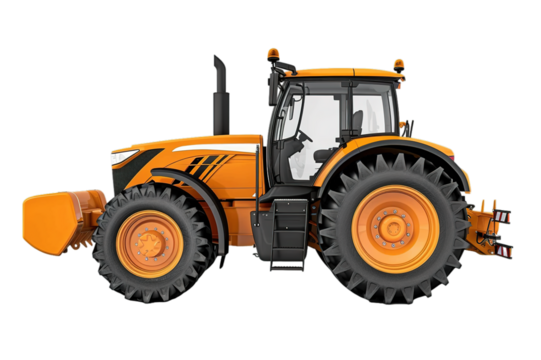 Orange tractor on transparent, side view with large wheels