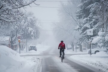 Winter Cyclist Commute on Snowy Road at Sunrise - Adaptability and Resilience of Cyclists