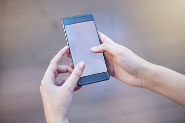 Person, hands and cellphone screen as mockup for online shopping website, connection or...