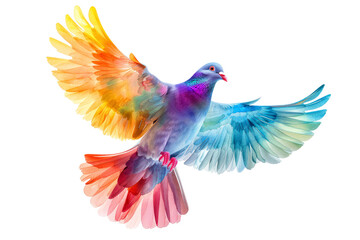 A vibrant, colorful dove in flight, symbolizing peace, hope, and freedom.