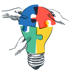 Human hands joining light bulb shape colorful puzzle. Vector hand drawn sketch illustration. Business team solving problem connecting pieces of jigsaw. Teamwork, partnership, business solution concept