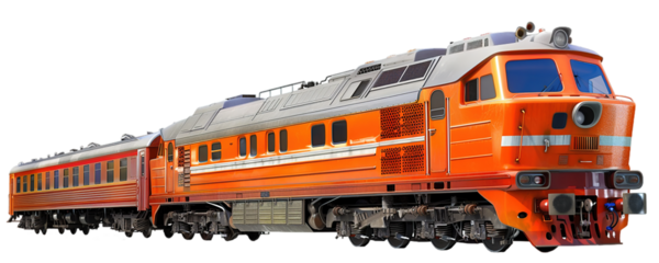 Bright orange diesel train on transparent background.