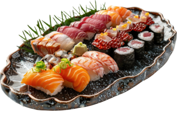 A platter of assorted sushi, including nigiri, maki, and sashimi, arranged on a decorative plate.
