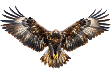 A majestic golden eagle with wings spread wide, soaring through the air with power and grace.
