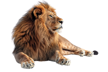 A majestic lion with a thick mane lies on looking to the side.