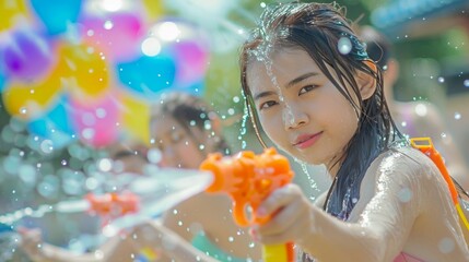 A woman is holding a toy gun and spraying water at other people