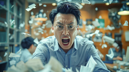 Obraz premium Angry businessman scream loud in office papers floating in air many documents on table.Generative AI