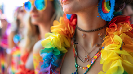 LGBTQ+ community members wearing vibrant outfits and accessories at a Pride event