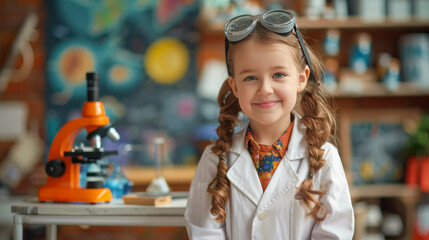 Young girl smiling in a lab coat and safety goggles conducting an experiment with glassware in a science classroom setting.Generative AI